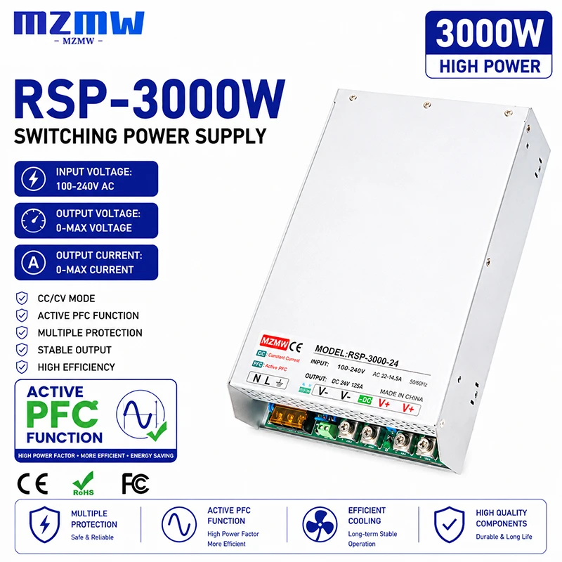 MZMW 3000W Active PFC Switching Power Supply AC DC 0-24V 36V 48V 60V 72V 110V 220V CC CV Adjustable Industrial SMPS RSP-3000-48
