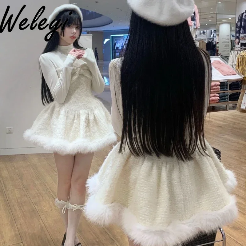 

Sweet Girl Bow Plush Short Tutu Dress Ladies 2024 Winter New Cute Kawaii Long Sleeve Pure Color flurry Ruffled Dresses for Women