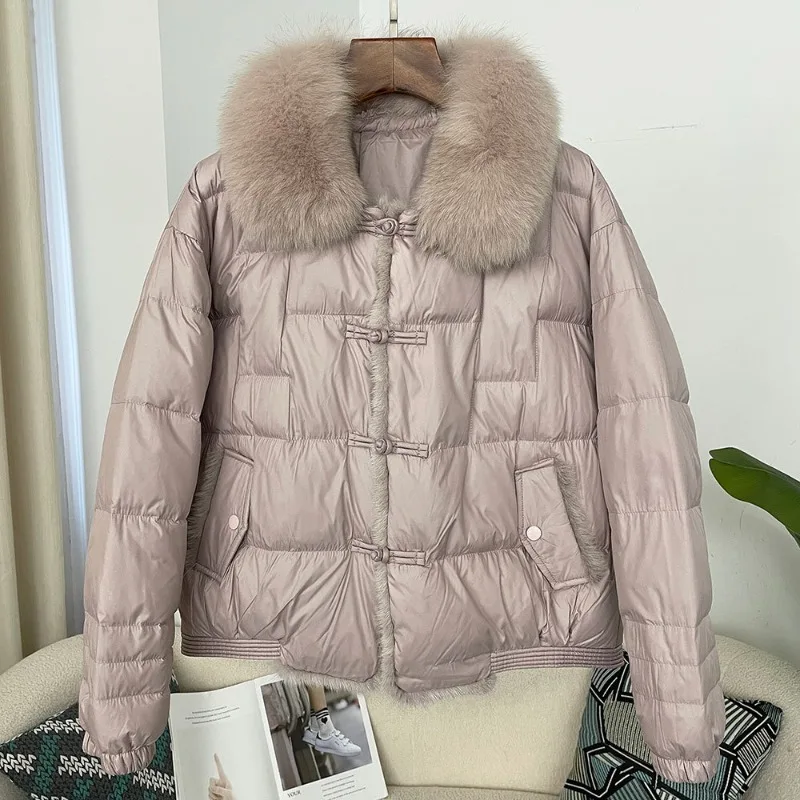 Women's Winter Top Coat Down Jacket White Duck Down Fur Collar Button Seam Warm Thicken Retro Simple Casual Soft Niche Versatile