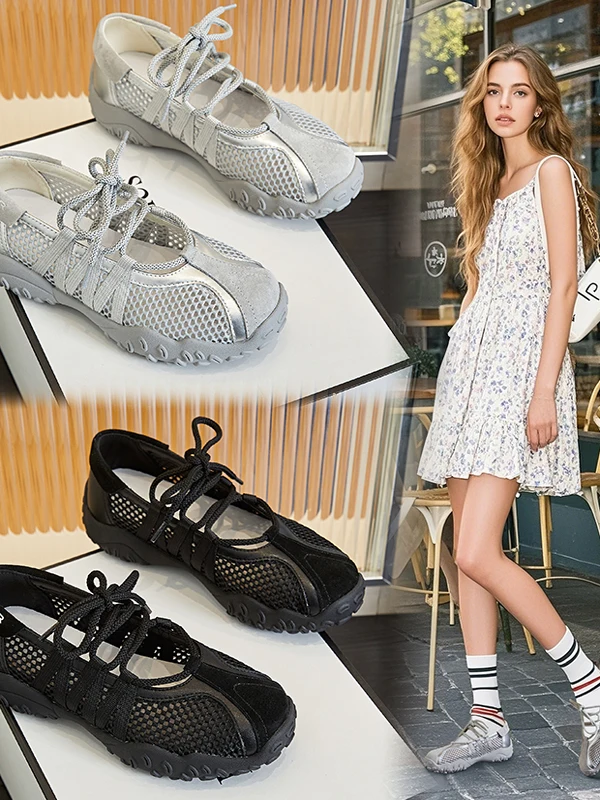 

Mary Jane oes Hollow out Genuine Leather Breathable Casual Sports Women's Summer Faion Single oes round Toe Rubber Sole