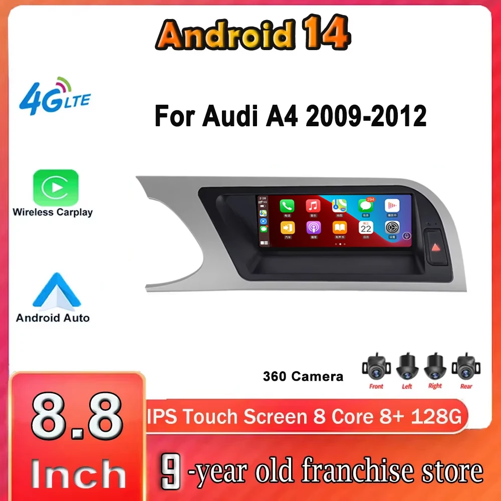 8.8 Inch Android 14 Display For Audi A4 B8 2009 - 2012 WIFI 4G SIM BT GPS Navigation Touch Screen Stereo Player Headunit Carplay