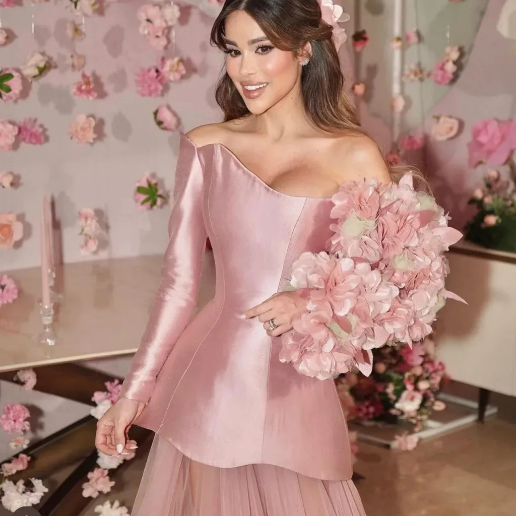 Chic Baby Pink Evening Dress One Shoulder Long Sleeve Satin Dress With Sweep Train See Through A-line Prom Dresses Ever Pretty