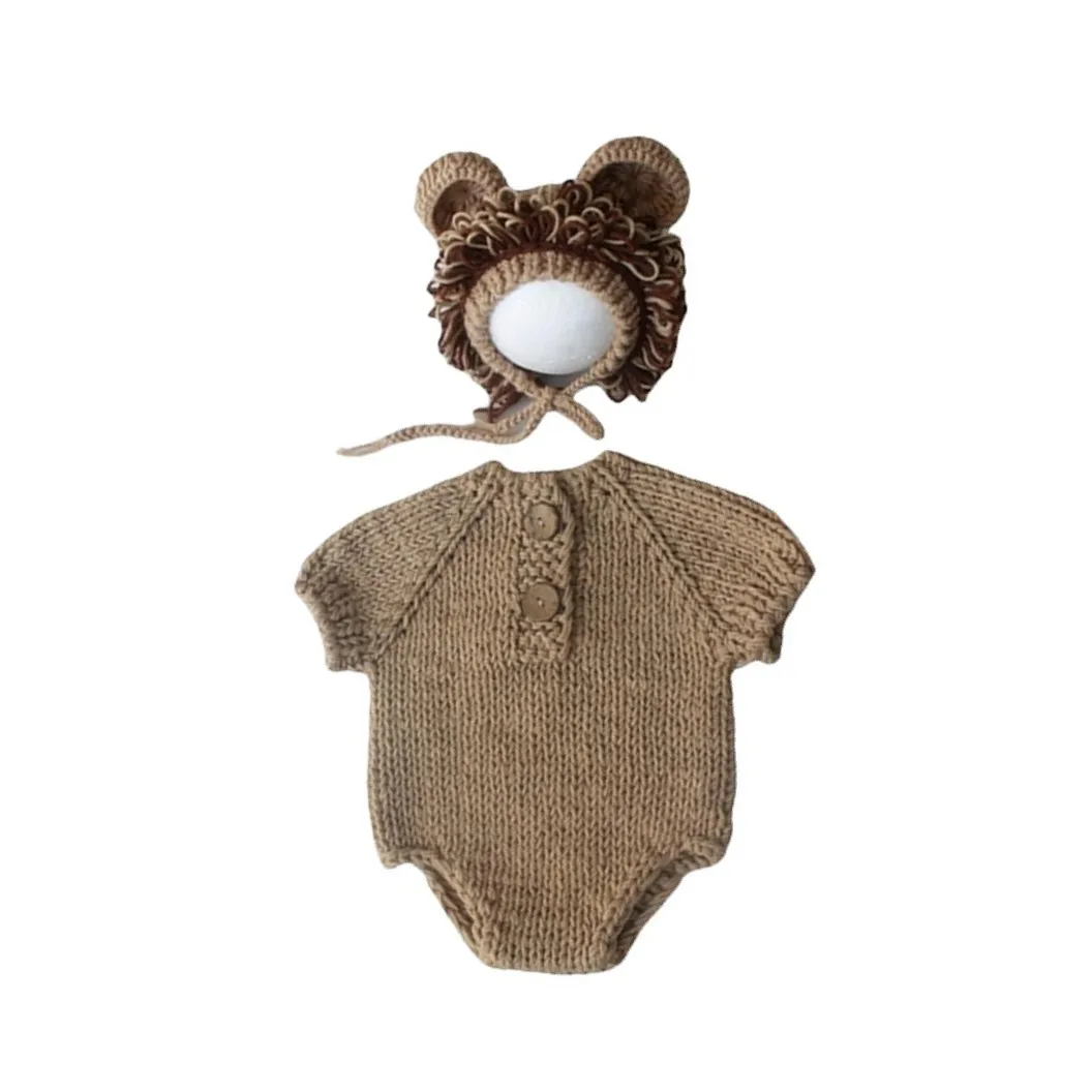 Newborn Photography Props for Baby Boy Newborn Infant Hat & Jumpsuits Lion Hat Sweater Cosplay Costume Romper Festive Outfit