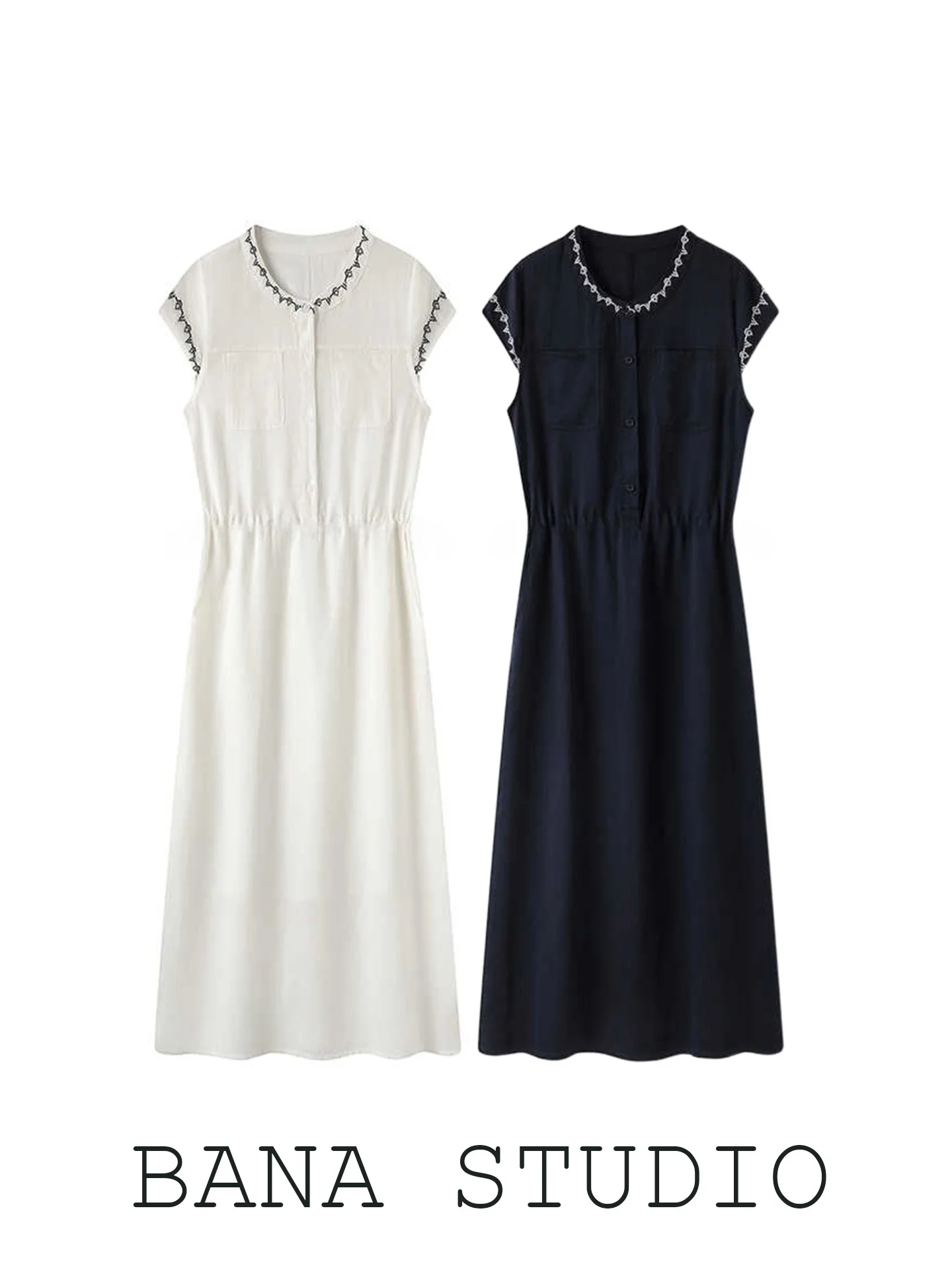 

BANA Simple round Neck Embroidered Drawstring Waist Sleeveless Cotton Linen Dress Women's 2026 New Style Summer Soft Fabric