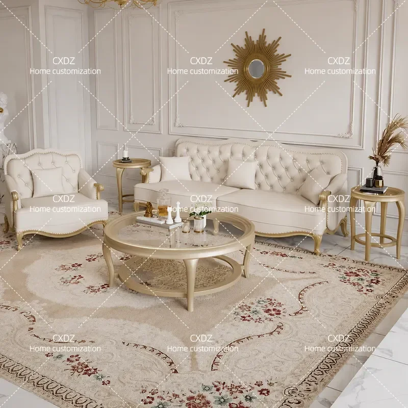 American light luxury solid wood modern simple leather sofa luxury villa combination European living room furniture French