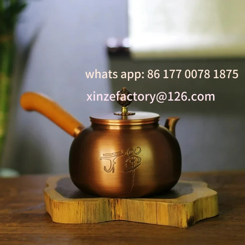 Manico laterale in rame puro personalizzabile, piccola pentola, teiera per sala da tè, incisione, legno retrò in rame addensato fatto a mano