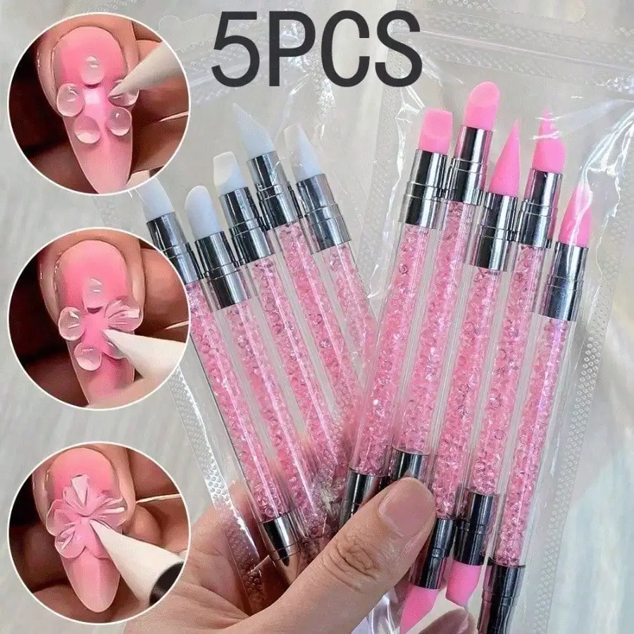 

5Pcs Set Pink Dual Ended Rhinestone Nail Art Silicone Pen Sculpture Pen 3D Flower Carving DIY Manicure Brush Nail Dotting