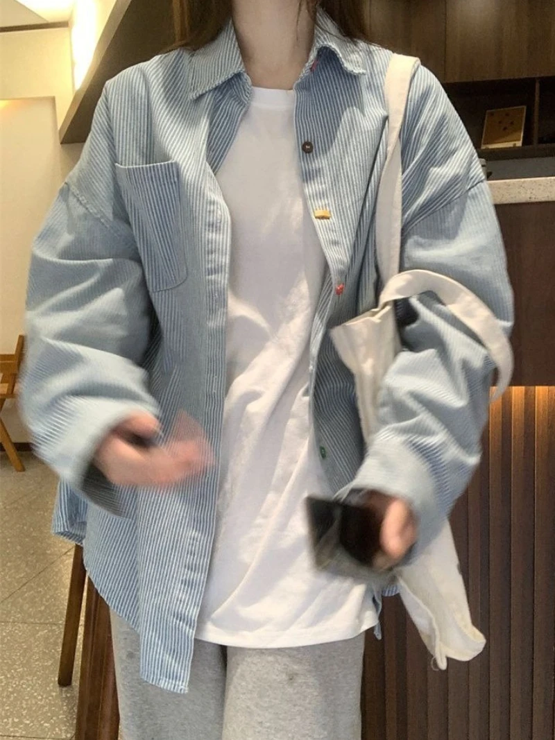 

Cute Color Button Blue Striped Long Sleeve Shirts Preppy Style Casual Blouse Women's Spring Summer Jacket Vintage Streetwear Top