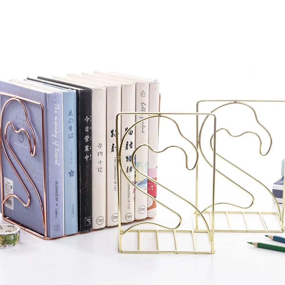 

1 Pair Of Book Stands Flamingo Shaped Iron Wrought Desktop Organizer Nordic Style Book Storage Rack For Home Office Use Golden