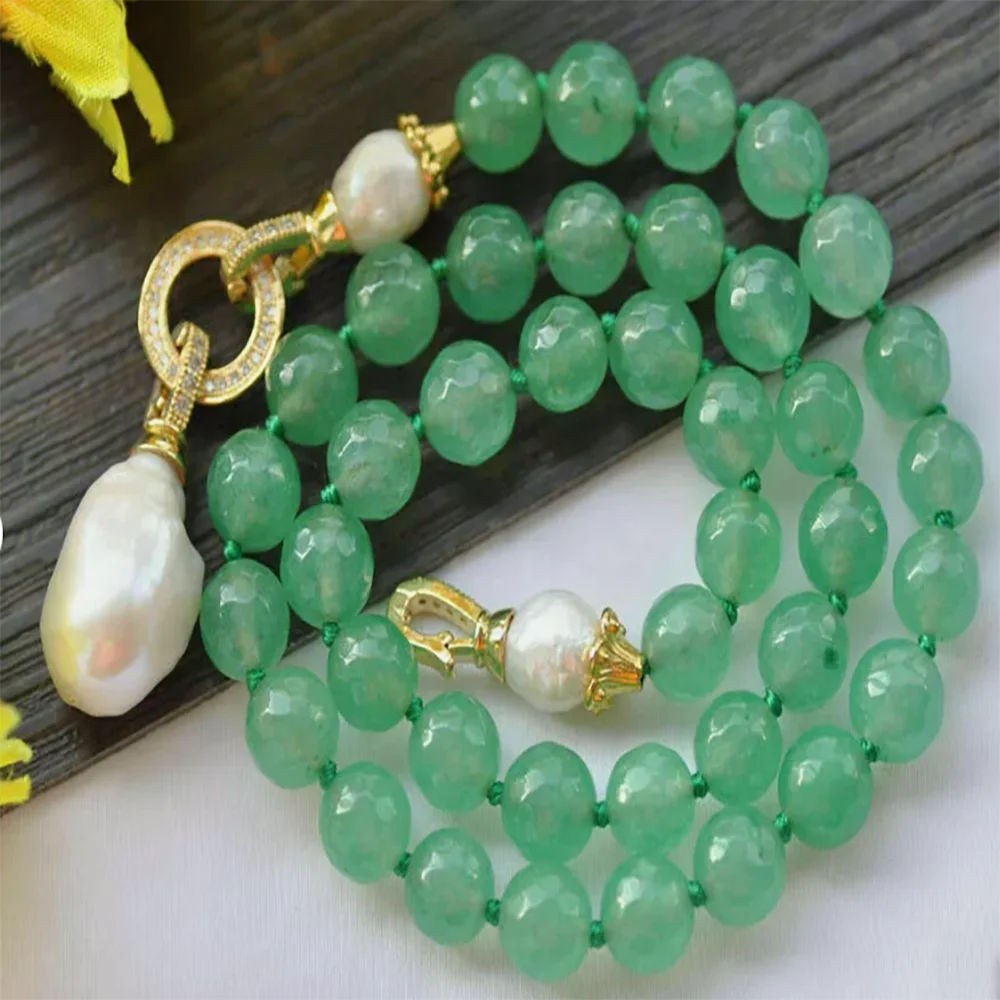 Faceted 8mm Green Jade & White Keshi Baroque Pearl Drop Pendant Necklace