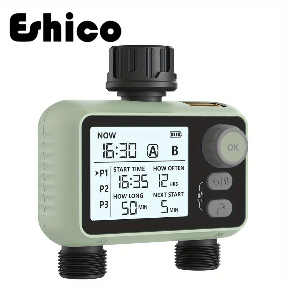 Eshico Autumn Newest 2-outlet Water Timer A/B 6P Plans Watering Delay with Intelligent Rain Sensor Brass Joint & Knob Operation