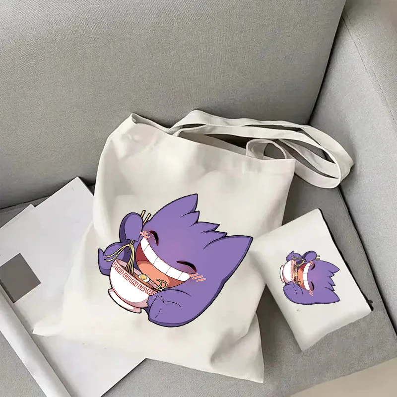 

Pokemon Canvas Bags Gengar Printed cartoon Figures Shopping Tote Bags New Commuter Simple Versatile Storage Bag Girls Boy Gift
