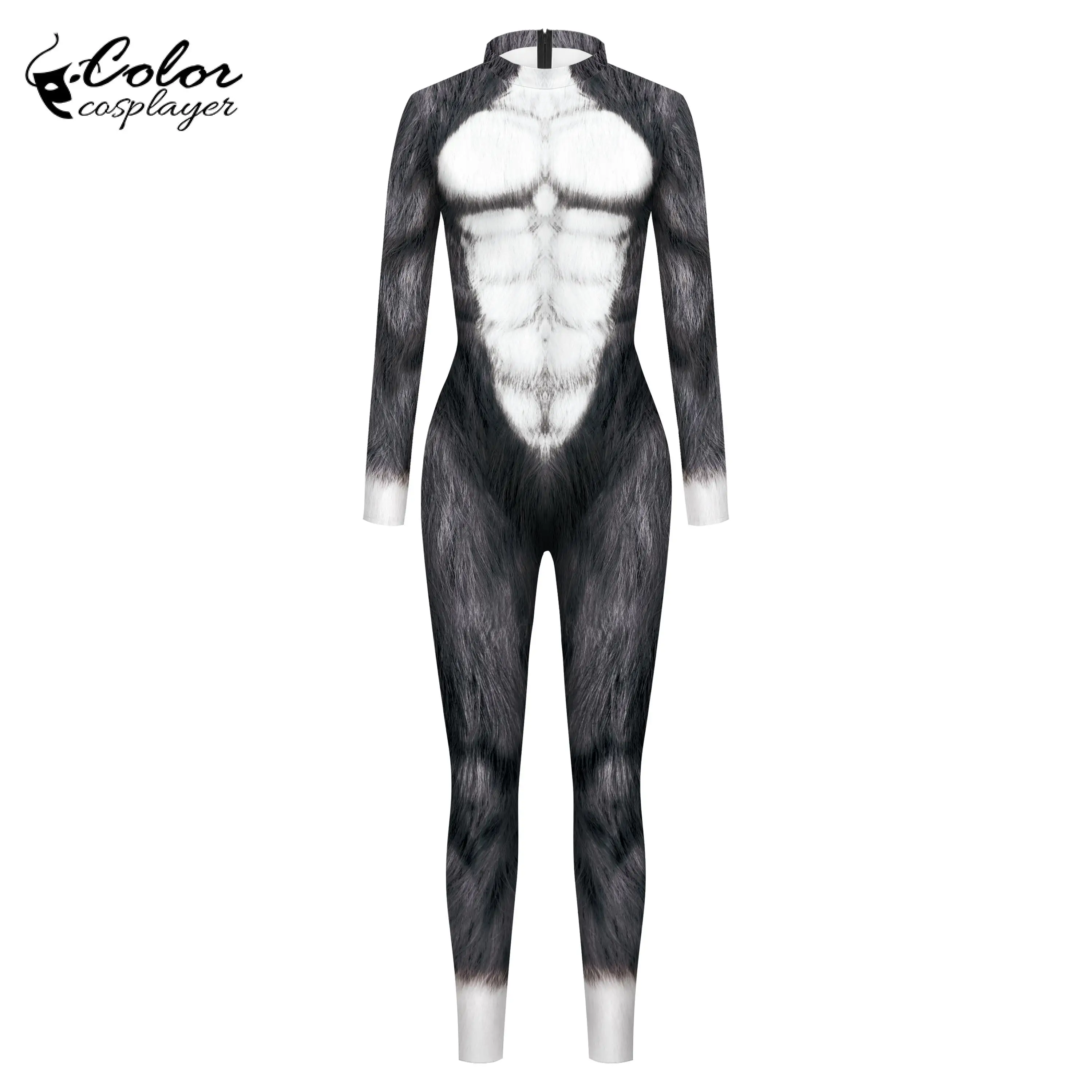 Colore Cosplayer lupo Cosplay tuta animale tuta adulto Catsuit manica lunga Costume di Halloween carnevale Zentai abbigliamento uomo