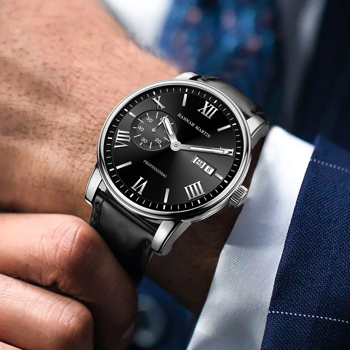 ساعة كوارتز رجالية أصلية ماركة هانا مارتن موضة تقويم مزدوج توقيت أسود كاجوال هدية ساعة معصم للرجال reloj hombre
