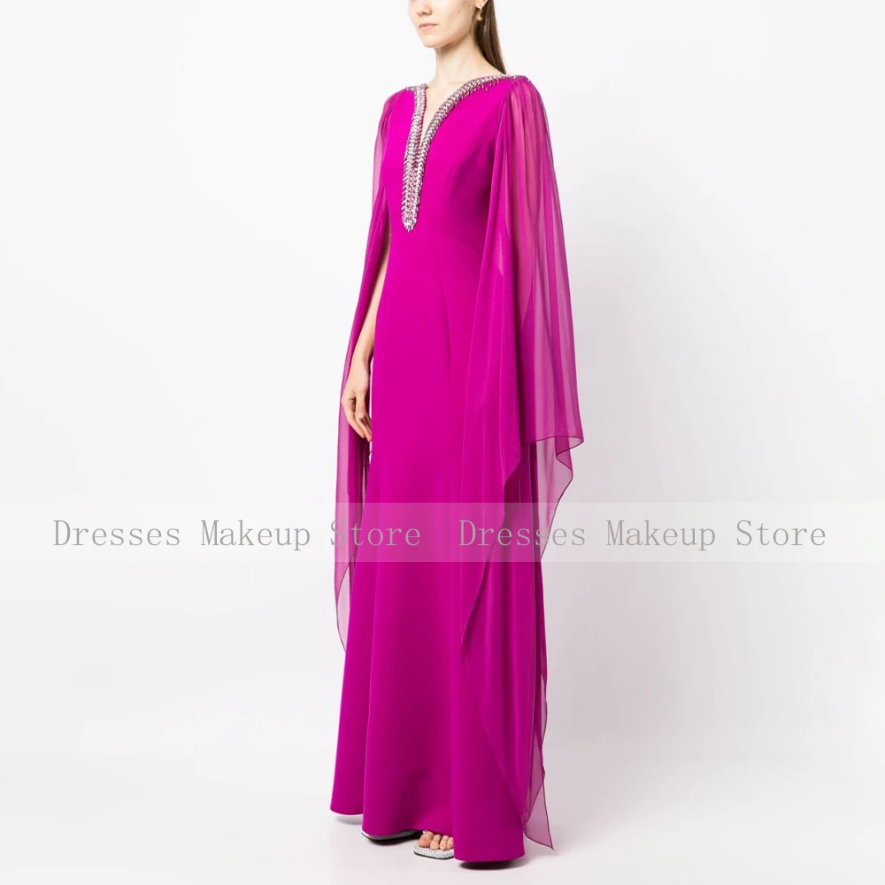 Fuchsia Evening Dress Crystal V Neck Trumpet/Mermaid Evening Gowns for Women 2024 Cloak Sleeves Floor Length Wedding Party Dress