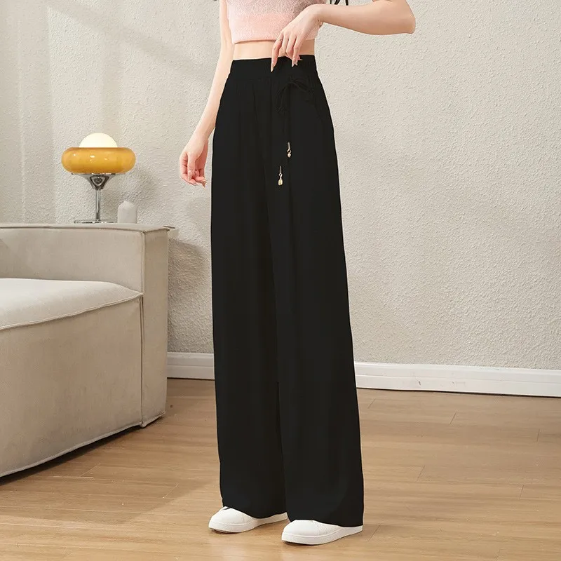 กางเกงขายาวผ้าไหมน้ำแข็งสำหรับฤดูร้อน ทรงขากว้าง ตัดตรง เอวยางยืด กางเกงซัมบ้า กางเกงลำลองผู้หญิง ผ้าใยโพลีเอสเตอร์ ทรงตรง...