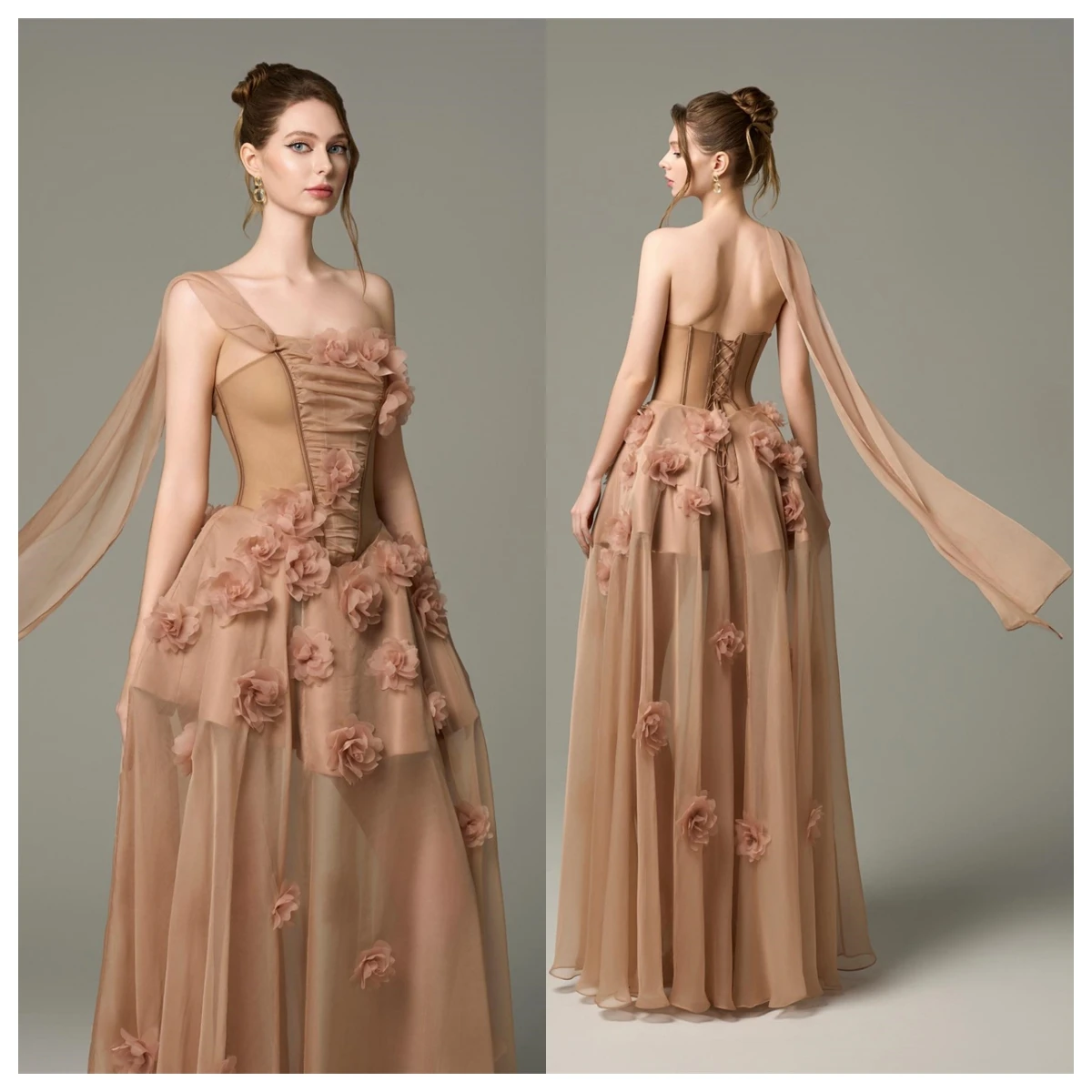 Robe de soirée en mousseline de soie Champagne délicate, personnalisée, sans bretelles, sans manches, robes de célébrité, fleurs, robe de soirée à lacets