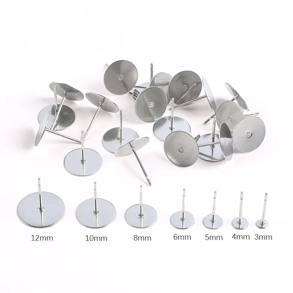 50pcs Stainless Steel Earring Studs Base Ear Blank Post Flat Round Ear Pins for Jewelry Making DIY Earring Components