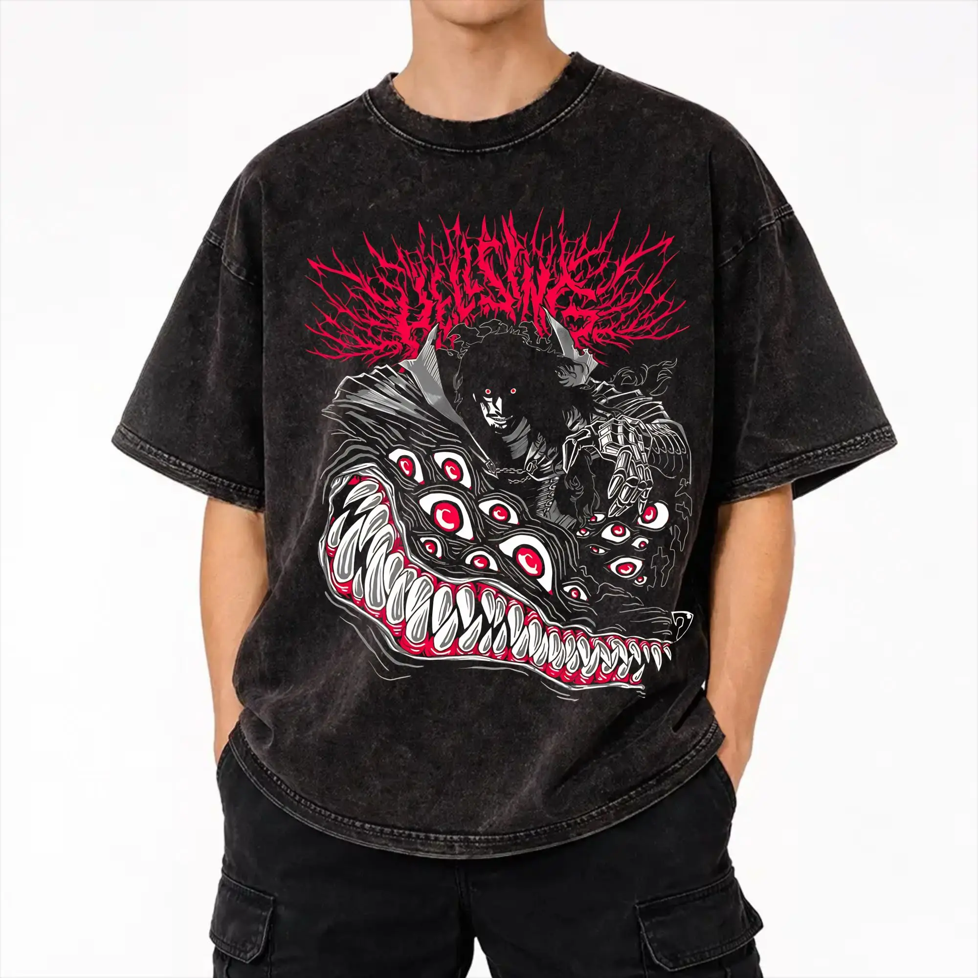 Hellsing - Alucard T Shirt Hip Hop Washed Cotton Oversize T-Shirts  Retro Men Women Streetwear Summer Tops Tees