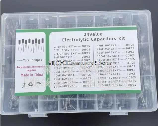 24 different specifications and 500 electrolytic capacitors for . The range of the package is 0.1uF to 1000uF