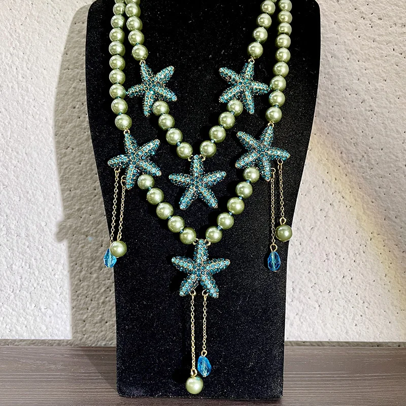 Vintage Blue-green Pearl Crystal Tassel Earrings Multi-layer Layered Necklace Set