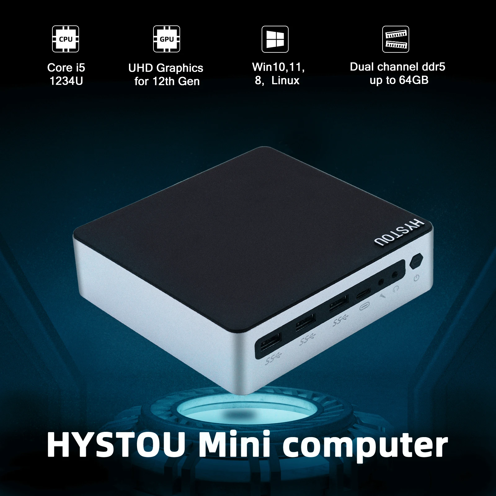 HYSTOU Intel Core i3 i5 i7 12th gen CPU 2*DDR5 SO-DIMM 262pin Type-C 3 8K Display Output Mini NUC Ofiice Desktop Computer M3