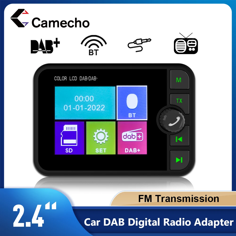 Camecho LCD da 2,4 pollici DAB + Supporto radio per trasmissione digitale Trasmettitore FM Ricevitore radio con interfaccia AUX per musica BT per auto europee