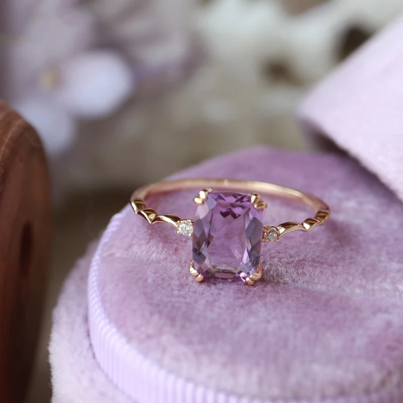 Romantic and elegant Lavender crystal rings for women Small Square Wave Design Light Luxury Engagement Jewelry Adjustable