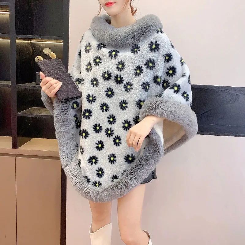 

2025 New Autumn Cape Plush Chrysanthemum Pullover Coat Long Sleeved Pashmina Cloak Fake Fur Warm Cape Winter Echarpes