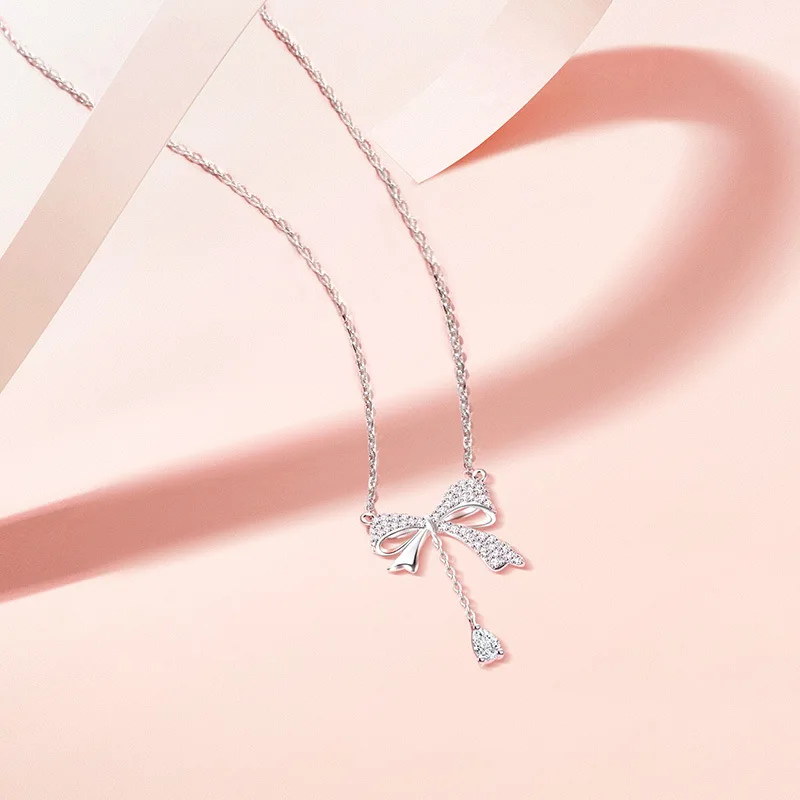 925 Sterling Silver Necklace Dazzling Clear CZ Bowtie Ribbon Droplet Pendant for Women Girl Jewelry Gift Dropshipping Wholesale