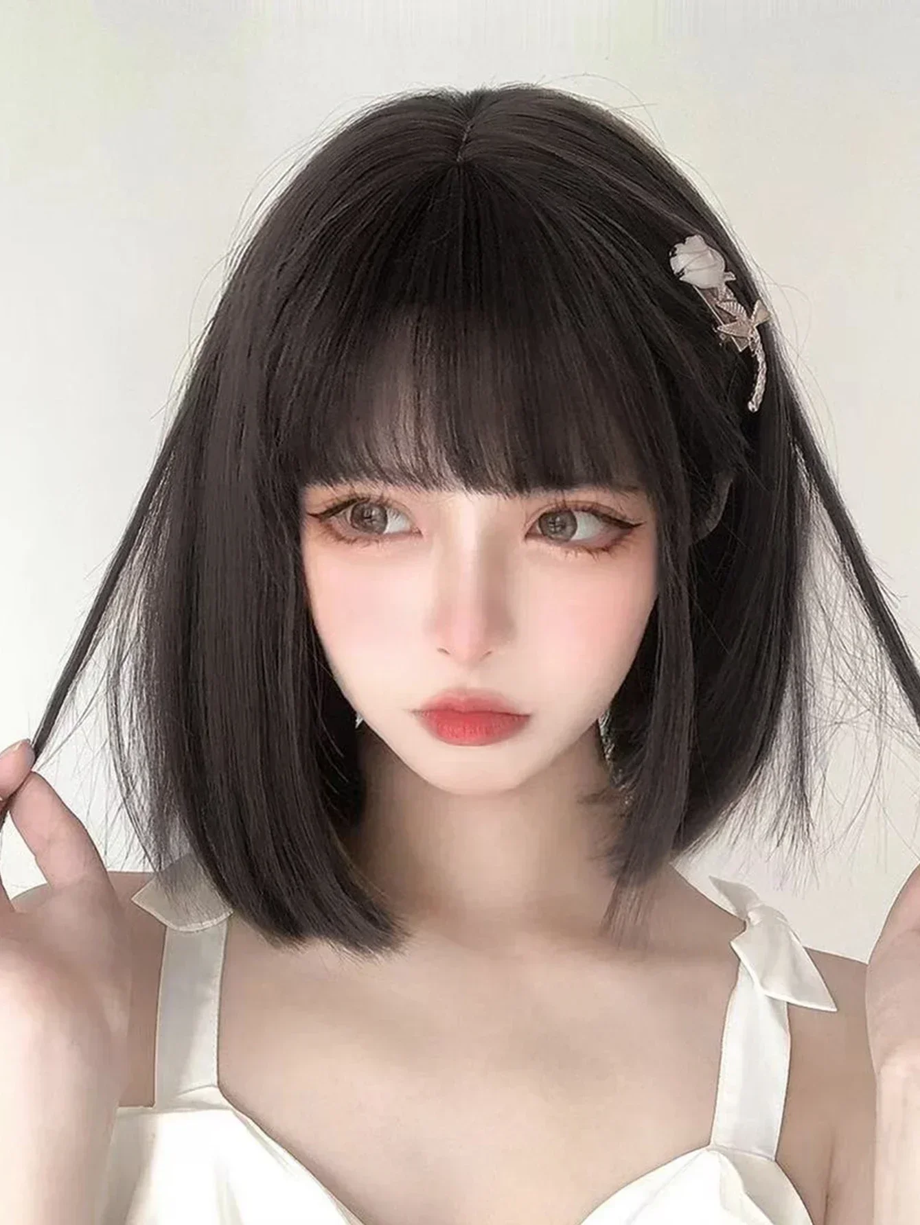 12Inch Natural Black Synthetic Wigs With Bang Short Natural Straight Hair Wig For Women Daily Use Cosplay Heat Resistant Lolita