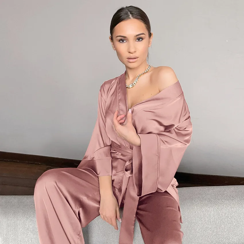 New Female Pajamas Set Sexy V-Neck Robe Elastic Waist Trouser Pijamas Suit Thin Satin Sleepwear Nightwear Loose Casual Home Wear