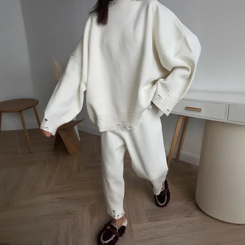 Lose Beiläufige Sport Anzug Weibliche Hosen SetHohl Pullover Anzug Weibliche Gestrickte Bleistift Hosen Rollkragen Pullover Pullover