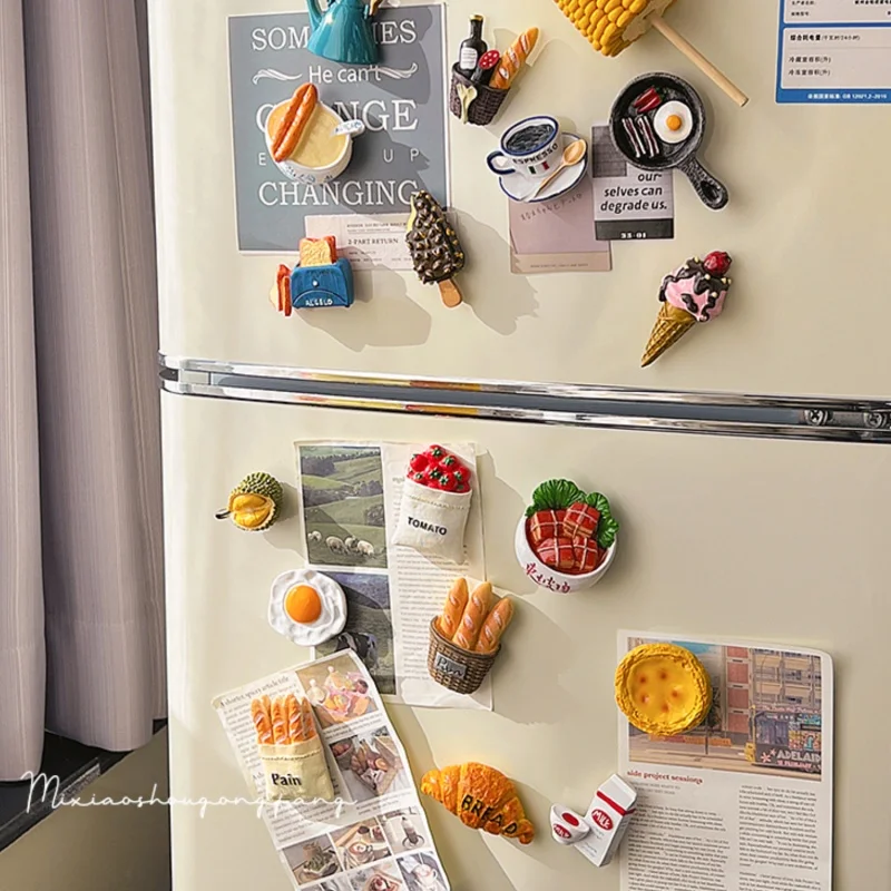 12PCS Resin Refrigerator Magnets Set French Bread Food Refrigerator Magnets Kawaii Cartoon Photo Message Decorative Sticker