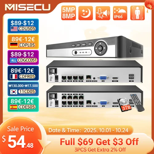 MISECU H.265 4CH 8CH 1080P 5MP 8MP 4K Ultra HD POE NVR red grabadora de vídeo de detección facial para seguridad cámara IP POE ONVIF