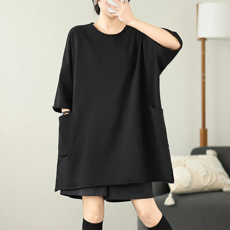 เสื้อยืดผู้หญิงทรงหลวม แขนสั้น ผ้าคอตตอนผสม ใส่สบาย ซ่อนสะโพก ไซส์ใหญ่ สำหรับฤดูร้อน