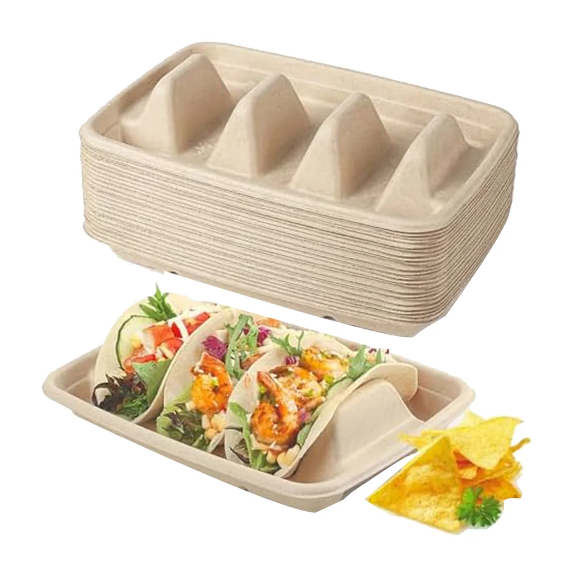 50 Pieces Biodegradable Disposable Taco Holder, 3 Compartments Paper Taco Plates, Made of Sugarcane Fibers for Party