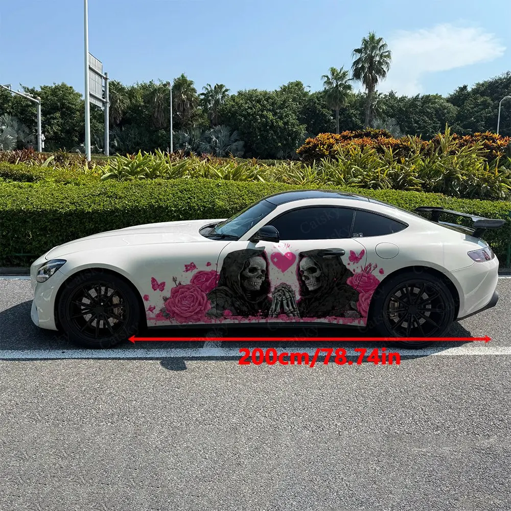 2pcs Magenta Love Heart Couple Skulls Car Side Wraps, Self-Adhesive PVC Waterproof & Scratch-Resistant Stickers, Car Accessory