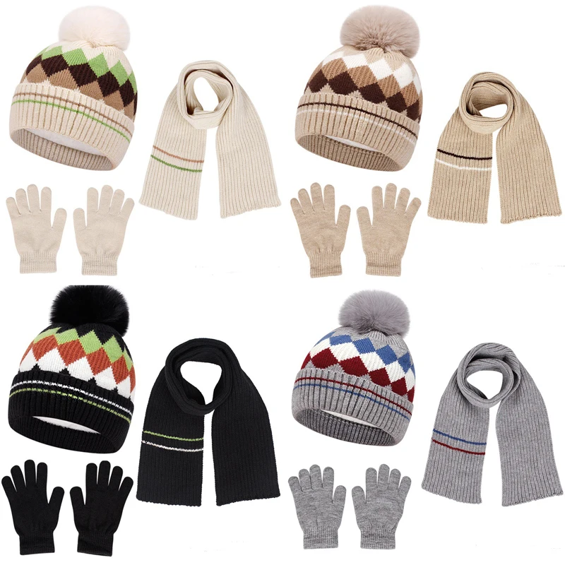 

Winter Kids Knitting Hat Gloves Scarf Set Plus Velvet Ear Protection Hats for Boys Girls Outdoor Warm Children Accessories