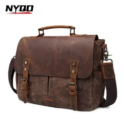 Retro Crazy Horse Leather Bag for Men Male Business Oil Wax Canvas Briefcase Mens Diagonal Laptop Shoulder Bag Luxury Handbags