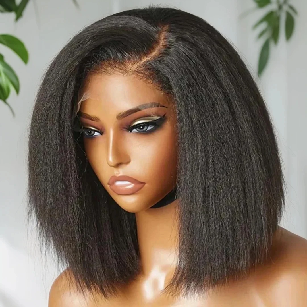 14インチボブウィッグ人毛縮れストレート13x4レースフロントウィッグナチュラルブラック透明レースフロントウィッグ女性用200密度