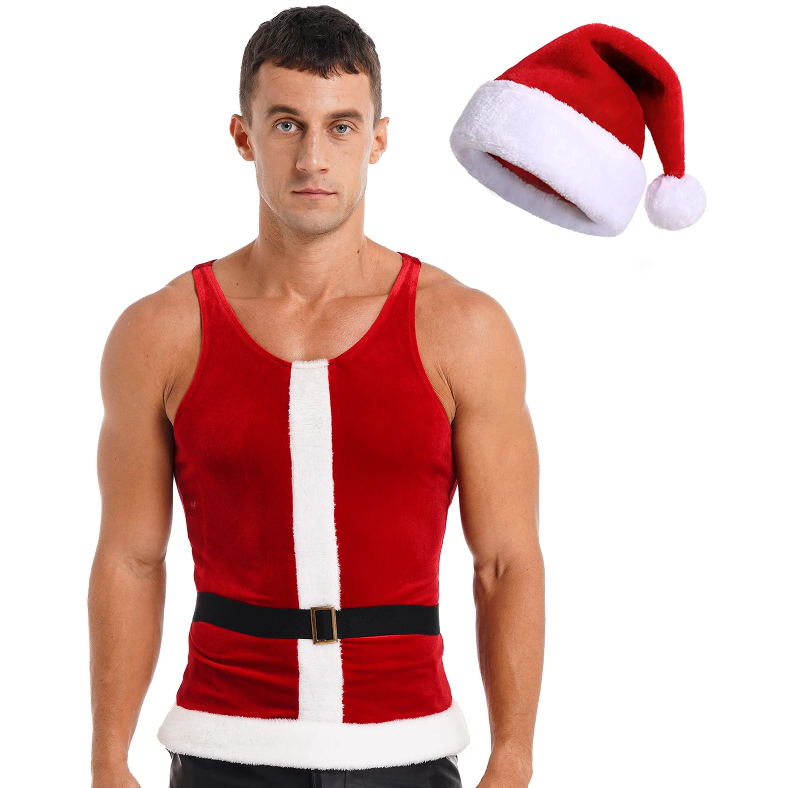 Mens Christmas Santa Claus Costume Xmas Role Play Party Waistcoat Flannel Trim Velvet Tank Tops Sleeveless Vest with Belt Hat