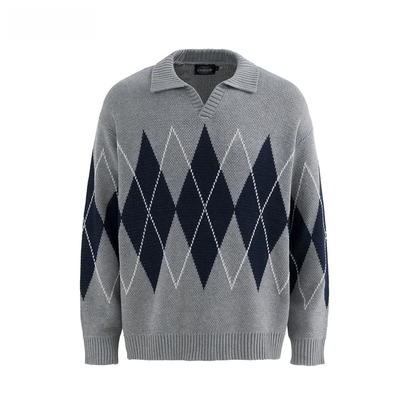 

Rhombus Plaid Jacquard Sweater Mens Retro Casual Autumn Winter Loose Lapel Long Sleeve Knitted Pullover Man