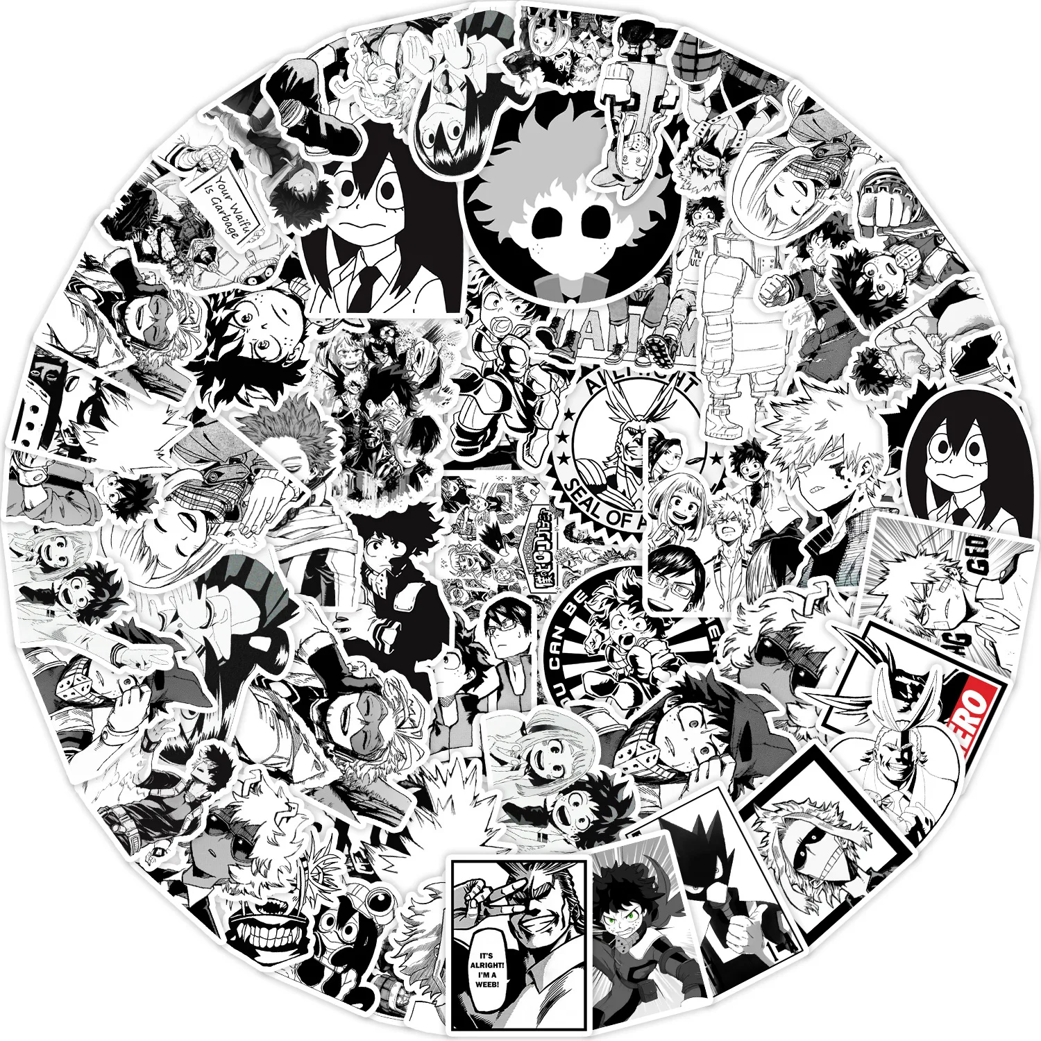 50pcs Black and White My hero Academy Cartoon Graffiti Stickers Suitcase Laptop Waterproof Sticker Decoration