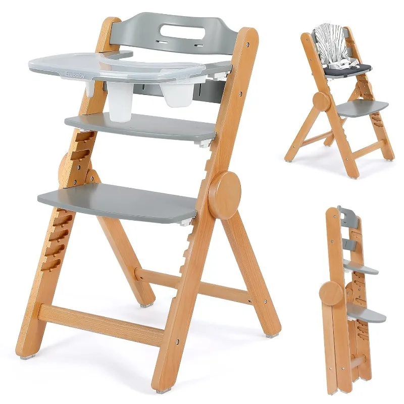 Ezebaby Wooden High Chair Grow with Your Child, Foldable Baby High Chair with Adjustable Seat and Footrest Heights, High Chair