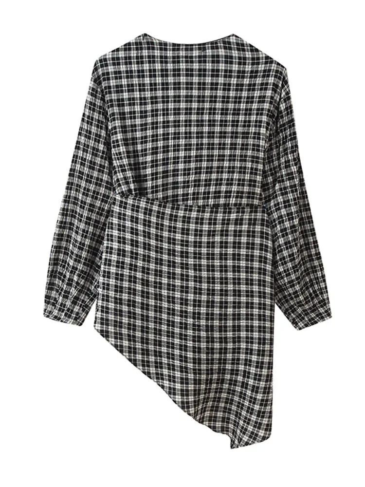 Retro Boog Lace Up Geruit Shirt Vrouwen Casual Ronde Hals Lange Mouw Losse Blouse Dame 2025, Herfst Dagelijks Pendelen Uitloper Nieuw