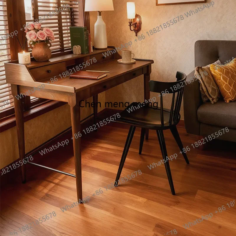 Discount Nordic solid wood desk writing desk simple study walnut color small apartment medieval bedroom computer desk dressing t