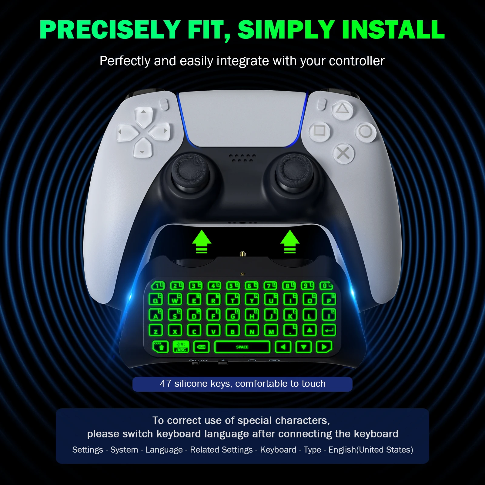 MoKo Keyboard for PS5 Controller with Green Backlight,Bluetooth Wireless Mini Keypad Chatpad for Playstation 5,Built-in Speaker