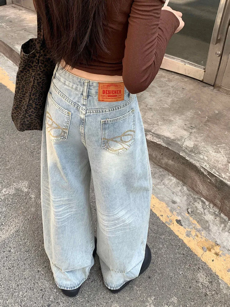 

Elegant High Waist Embroidered Denim Jeans Women's Summer New American Design Loose Wide Leg Long Pants Floor Length