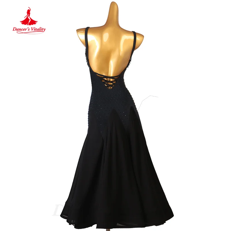 Modern Dancing Clothing Customized Black Sexy Backless Tassel Dress Chacha Tango Waltz Women Ballroom Dance Competition Dresses